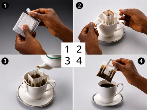 Four-step visual guide showing how to prepare Exotic Blu drip coffee: opening the coffee filter packet, attaching the filter to a cup, pouring hot water through the coffee grounds, and removing the filter after brewing.
