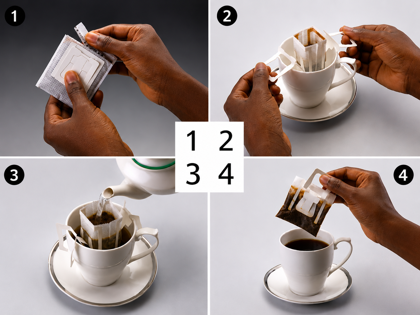 Four-step visual guide showing how to prepare Exotic Blu drip coffee: opening the coffee filter packet, attaching the filter to a cup, pouring hot water through the coffee grounds, and removing the filter after brewing.