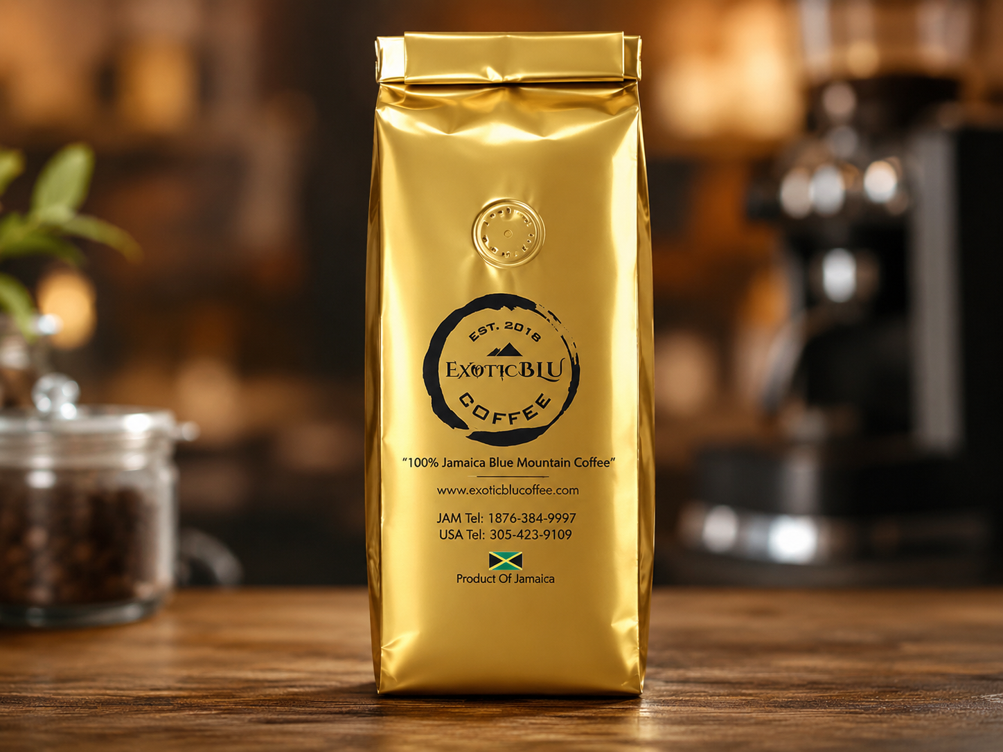 Premium gold Exotic Blu coffee package featuring authentic Jamaica Blue Mountain coffee branding displayed in a professional coffee shop setting.