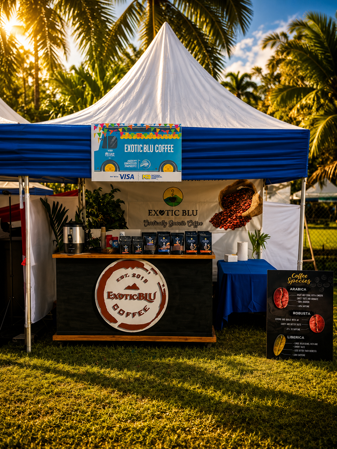 Exotic Blu Coffee display booth at an outdoor event featuring coffee products, branding, and informational signage.